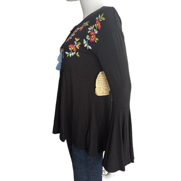 One World Floral Embroidered Boho Peasant Blouse Size S Taseled Bell Sleeve NEW - Picture 3 of 7